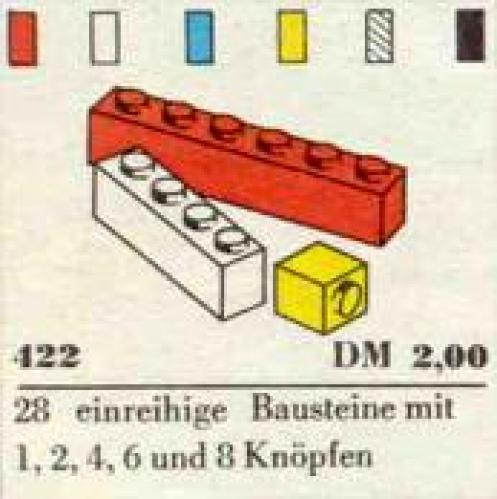 1 x 1, 1 x 2, 1 x 4, 1 x 6, 1 x 8 Bricks LEGO set (#422-1, 1966)