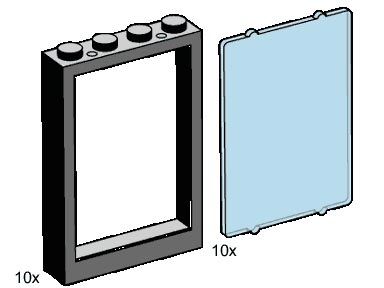1 x 4 x 5 Black Window Frames, Transparent Blue Panes LEGO Bulk Bricks set (#B001-1, 2001)